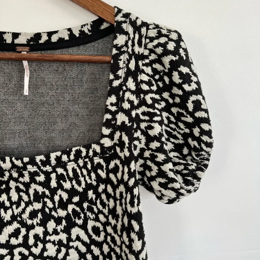 Free People No Type Leopard Print Square Neck Puff Sleeve Top Women's Small